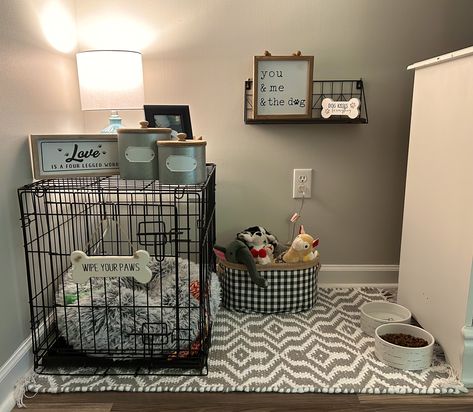 I had an empty space after taking down the Christmas tree, so it went to the dogs of course💕 Dog Crate Bedroom Ideas, Dog Spot In House, Dog Spaces In Apartments, Dog Area In Living Room, Diy Dog Room Ideas Small Spaces, Pet Corner In Living Room, Spoiled Dog Aesthetic, Dog Places In House, Dog Set Up Ideas