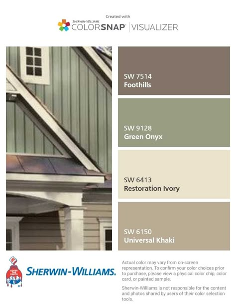 Green exterior color scheme Green House Exterior, Paint Pallet, House Paint Color Combination, Brown Roof, Color Combinations Paint, Exterior House Paint Color Combinations, Exterior House Color, Siding Colors, Exterior Paint Color