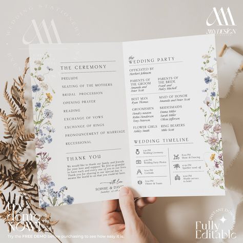 Wildflower Wedding Program Template, Modern Order of Service, Catholic Ceremony, Ceremony Program Editable Template // MATCHING ITEMS https://www.etsy.com/shop/AmyDesignInspiration?ref=shop-header-name&listing_id=1698494415&from_page=listing&search_query=d002 // DEMO THIS ITEM NOW Copy and paste the URL below to demo:  https://www.corjl.com/d/BAFL1 // WHAT IS INCLUDED - 5.5x8.5" (Folded Program Card) (8.5x11" Flat)  - 4x9" (Card Double-Sided)  - 56 Wedding Timeline Icons   - DIGITAL DOWNLOAD: Pl Wedding Ceremony Booklet Ideas, Wedding Ceremony Bulletin, Wedding Ceremony Cards, Floral Wedding Program, Ceremony Cards Program, Wedding Order Of Service Ideas, Wedding Service Program, Wedding Programs Ideas, Wedding Pamphlet