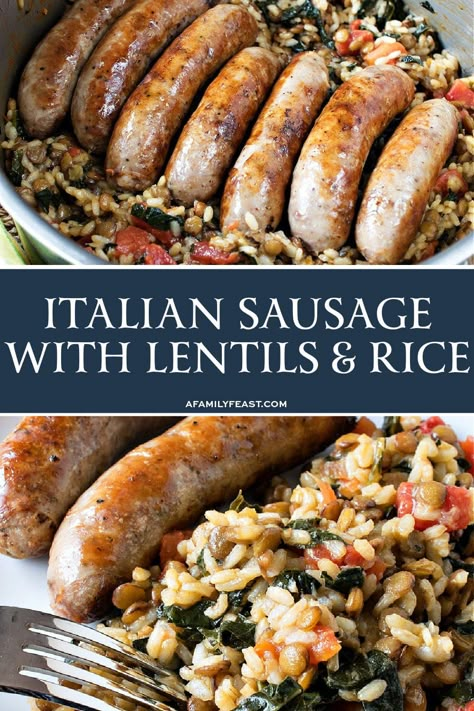 Sausages And Rice, Sweet Italian Sausage Recipes, Lentils And Sausage, Lentils Rice, Sausage Rice, Feast Recipes, Sausage Dinner, Italian Meals, Italian Sausage Recipes