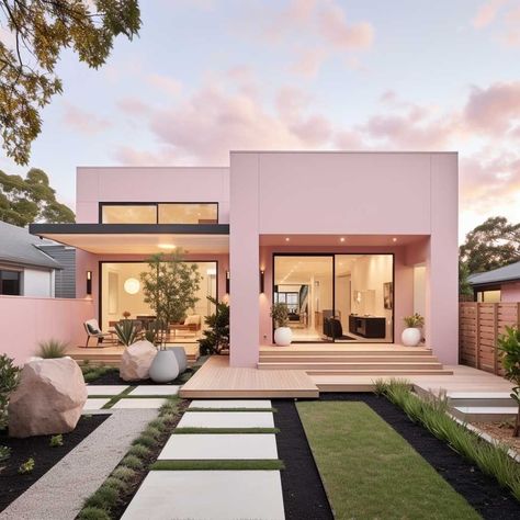 Pink Mansion Exterior, Pink Modern House, Aesthetic House Exterior, Pink Mansion, Pink House Exterior, Colour House, Unrealistic Wishlist, House Outside, Dream House Aesthetic