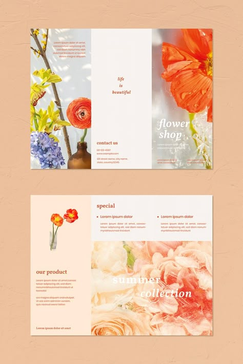 Flower shop brochure template vector | premium image by rawpixel.com / Aew Flower Shop Graphic Design, Wedding Brochure Design, Flower Shop Poster, Welcome Brochure, Brochure Layout Design, Flower Shop Branding, Flower Layout, Brochure Design Ideas, Leaflet Layout