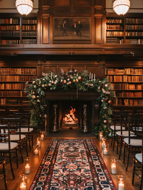 Vintage Library Wedding Ceremony Edwardian Wedding Decor, Fireplace Wedding Backdrop, Wedding Ceremony Fireplace, Library Wedding Aesthetic, Library Wedding Ceremony, Fireplace Wedding Ceremony, Historic Home Wedding, Bookstore Wedding, Historic Library