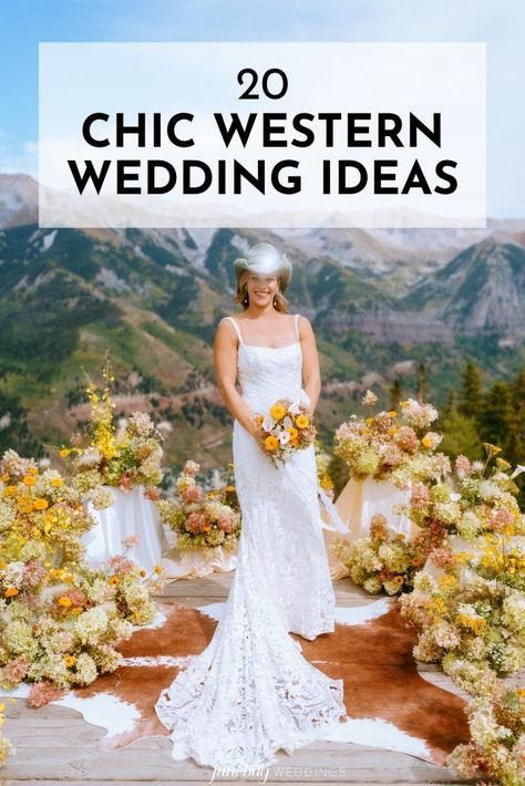 Whether you’re tying the knot at your favorite mountain escape in a destination wedding or you’re Western at heart, these 20 Western wedding ideas are the epitome of chic. Upscale Western Wedding, Romantic Western Wedding, Small Western Wedding Ideas, Elegant Western Wedding, Classy Western Wedding, Modern Western Wedding, Western Theme Wedding, Western Wedding Ideas, Wild West Wedding