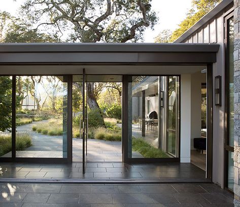 Vineyard Home, Long Corridor, Framed Windows, Healdsburg California, Standing Seam Metal Roof, Sonoma Wine Country, Farmhouse Exterior, Glass Boxes, Farmhouse Style House