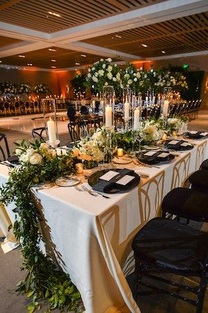 Modern Wedding at The Miami Beach Edition in Miami Beach, FL | 12 more photos on PartySlate Guest Table Decor, Gold Tables, Miami Beach Edition, Midsummer Nights Dream Wedding, Florida Destination Wedding, Guest Table, Floral Runner, Midsummer Nights Dream, Gold Table