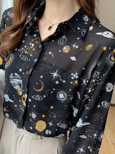 Planet Print Button Front Shirt Casual Long Sleeve Shirt For Spring Fall Womens Clothing - Women's Clothing - Temu Planet Sky, Button Up Women, Preppy Aesthetic Outfits, Astrology Shirt, Sky Pattern, Printed Chiffon Blouse, Shirt Y2k, Y2k Clothing, Trendy Clothes