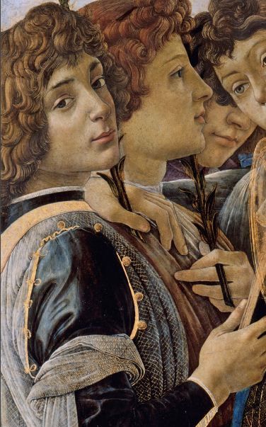 'Mary with Christ child and Singing Angels'  (detail) 1477 oil on poplar wood ~ by Sandro Botticelli (1445–1510) Singing Angels, Giorgio Vasari, Istoria Artei, Sandro Botticelli, Art Details, Italian Painters, Caravaggio, Italian Art, Aragon