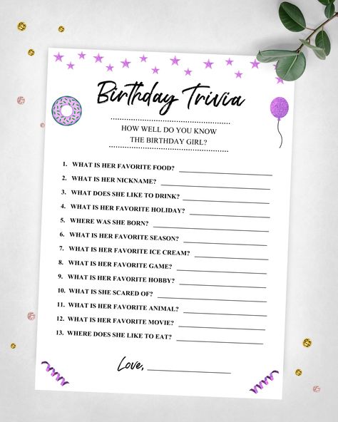 Birthday Trivia. How Well Do You Know Me? Party Game. Teen, Tween Girl Birthday Game. Instant Digital Download. Printable Game Keepsake. https://etsy.me/2YEVM6L #birthday #birthdaygame #teenbirthdaygame #tweenbirthdaygame #girlbirthdaygame #tweenbirthdaygames #teentriviagame 1st Birthday Trivia, Teen Birthday Games, Birthday Trivia, Girls Birthday Games, Teen Girl Birthday Party, Girls Birthday Party Games, Lila Party, First Birthday Games