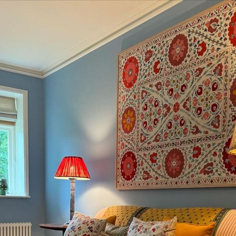 Mendoza Suzani Wallpaper, Suzani Headboard, Suzani Wall Hanging Living Rooms, Framed Suzani, Clashing Prints, Suzani Coral Rug, Antique Suzani, Blue Backdrops, West Village