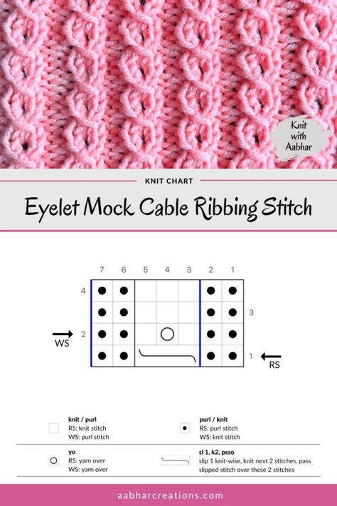 Knit with Aabhar - Eyelet Mock Cable Ribbing Stitch Pattern | Aabhar Creations Knit Stitch Patterns Cables, Cable Stitch Knit, Knit Stitch Patterns Free, Moss Stitch Pattern, Rib Stitch Knitting, Blanket Squares, Stitch Knitting Pattern, Knitted Projects, Lace Knitting Stitches