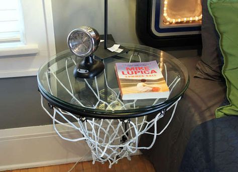 Very unusual idea for a DIY table. Reuse a basketball hoop to make an end table or bedside table. This would be great for a man cave Basketball Furniture, Basketball Man Cave, Basketball Arcade, Basketball Bedroom, Basketball Room, Ball Room, Man Cave Home Bar, Sports Room, Ball Decorations