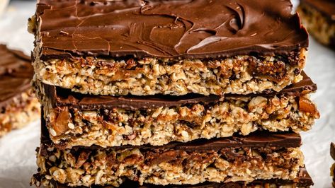 Nicole's No Bake Tahini Fig Oat Bars | Ambitious Kitchen Unflavored Protein Powder, Dairy Free Chocolate Chips, Ambitious Kitchen, Oat Bars, No Bake Bars, Honey Oatmeal, No Bake Snacks, Chocolate Topping, Dairy Free Chocolate