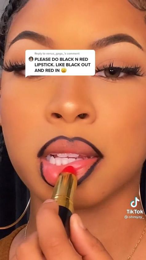 Lips Liner Makeup, Black Lip Liner Red Lipstick Tutorial, Lip Combo With Black Lipliner, Black Lipliner And Lipgloss Combos, Lip Gloss With Lip Liner, Black And Pink Lip Combo, Bratz Lips Tutorial, Red Lip Combos For Black Women, Red Lip Combo For Brown Skin