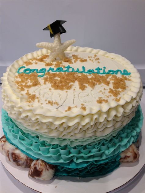 Beach themed graduation cake Beachy Graduation Party, Ocean Theme Graduation Party, Ocean Graduation Party, Coastal Graduation Party, Cal State Long Beach Graduation Party, Beach Graduation Party, Beach Theme Graduation Party, Beach Theme Retirement Cake, Blue Beach Cake