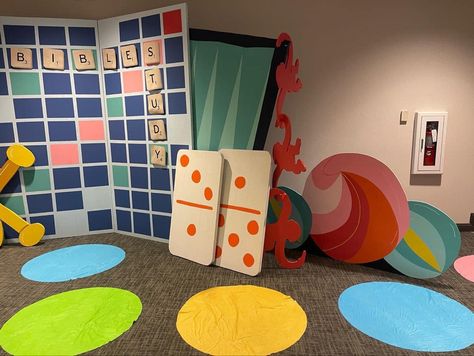 Game Theme Bulletin Board Ideas, Board Game Vbs Decorations, Board Game Vbs, Twist And Turns Vbs 2023, Vbs 2023 Twists And Turns, Twists And Turns Vbs, Game Vbs, Winter Door Decorations Classroom, Game Night Decorations