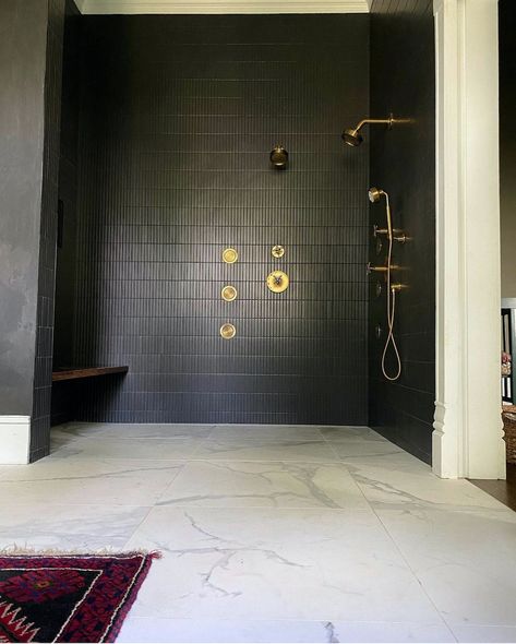 Dark Shower Tile, Moody Transitional, Transitional Guest Bathroom, Black Tile Bathroom Floor, Modern Shower Tile, Primary Bathroom Design, Bathroom Inspo Interior Design, Black Mosaic Tile, Black Tile Bathrooms