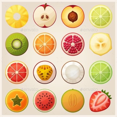 Set of fruit halfs. Slices of pineapple, apple, peach, lemon, kiwi, orange, pomegranate, banana, grapefruit, passionfruit, coconut Strawberry Vector, Orange Pomegranate, Watermelon Cartoon, Avocado Cartoon, Cookie Vector, Vegetable Cartoon, Apple Vector, Apple Stock, Fruit Icons