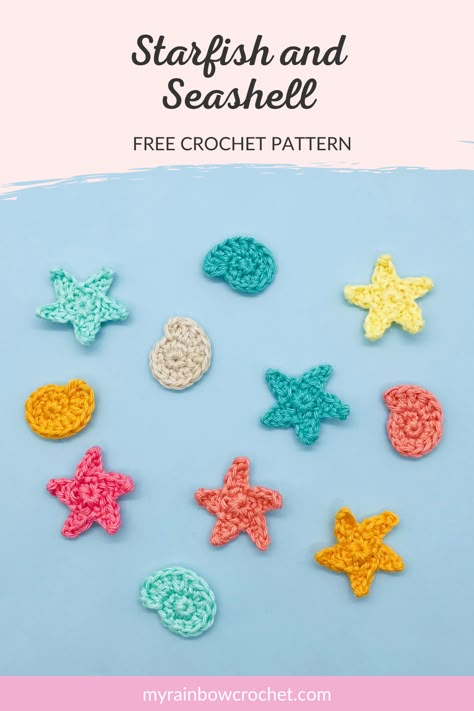 Crochet Seashell Applique, Crochet Applique Patterns, Nature Crochet, Crochet Starfish, Marque-pages Au Crochet, Crochet Sea Creatures, Crochet Applique Patterns Free, Seashells Patterns, Hats Crochet