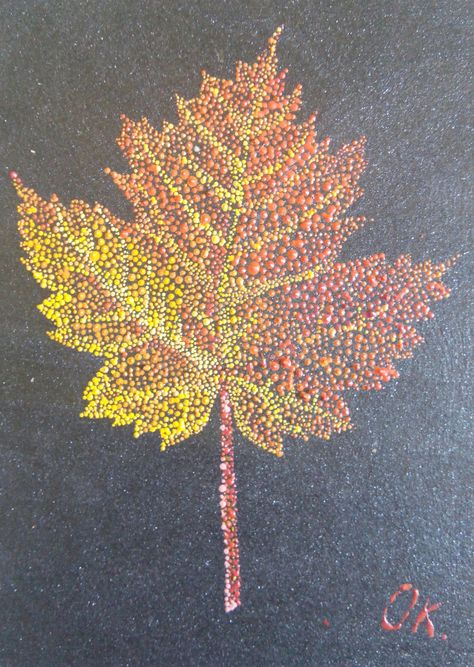 Leaf, dotwork, point-to-point, pointillism by Oksana Gural Maple Leaf Mandala Art, Pointillism Leaf Art, Fall Pointillism Art Projects, Point Painting, Acrylic Techniques, Art Docent, Point Art, 4th Grade Art, Observational Drawing