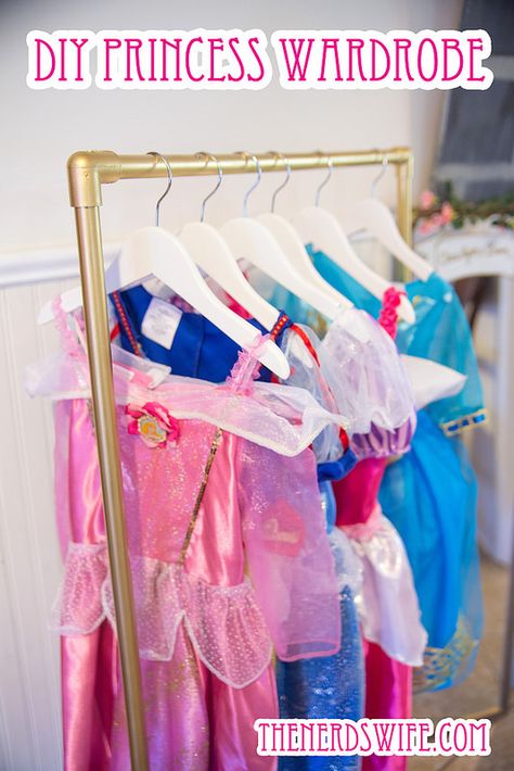 DIY Princess Dress Wardrobe from pvc pipe Princess Dress Closet Diy, Princess Dress Storage Ideas, Ways To Store Dress Up Clothes, Diy Princess Dress Up Station, Diy Princess Dress Rack, Easy Diy Dress Up Rack, Princess Dress Up Station Parties, Diy Dressup Closet, Princess Dress Organization