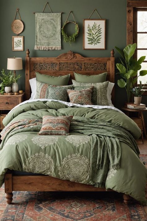 Boho Farm Bedroom, Green Bedroom Bohemian, Green Bedroom Cottagecore, Bohemian Green Bedroom, Green Duvet Cover Bedroom Ideas, Green Aesthetic Bedroom Ideas, Sage Bedspread, Green Cottage Bedroom, Rgb Aesthetic