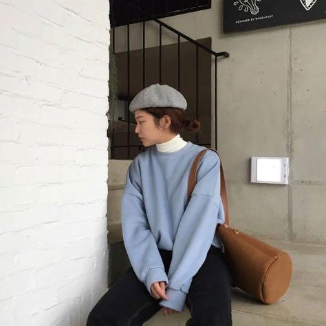 SKORTGORL Sky Blue Sweater Outfit, Blue Sweater Aesthetic, Blue Sweater Outfit, Minimal Stil, Sweater Aesthetic, No Regrets, Ulzzang Fashion, Blue Sweater, Fall Fashion Outfits