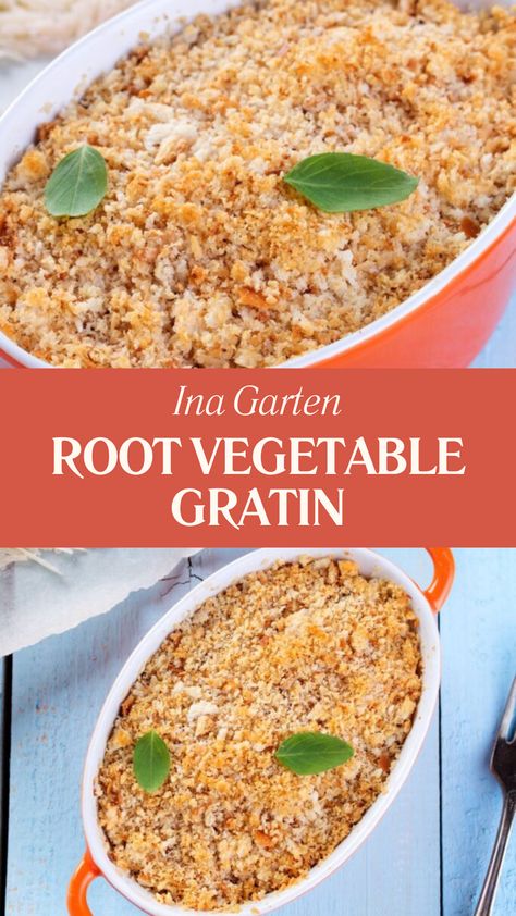 Ina Garten Root Vegetable Gratin Root Vegetable Gratin Ina Garten, Ins Garten Recipes, Root Vegetable Gratin, Vegetable Gratin, Gold Potatoes, Celery Root, Creamed Potatoes, Yukon Gold, Fingerling Potatoes