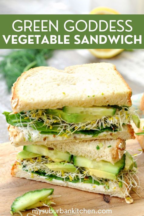 A green goddess vegetable sandwich is the perfect veggie sandwich for lunch, your next picnic, or even as a light dinner. Use a homemade green goddess dressing recipe for a tasty vegetarian meal option that is packed with veggies and nutritional benefits. | vegetable sandwich recipes | vegetable sandwich ideas | green goddess sandwich recipe | how to make a vegetable sandwich | best vegetable sandwich | healthy sandwich ideas | vegetarian sandwich recipes | vegetarian sandwich ideas Green Sandwich Recipe, Veggie Salad Sandwich, Greek Goddess Sandwich, Green Goddess Sandwich Recipe, Vegetable Sandwich Ideas, Vegan Veggie Sandwich, Turkey Veggie Sandwich, No Cheese Sandwich Ideas, Vegitaren Recipes Sandwiches