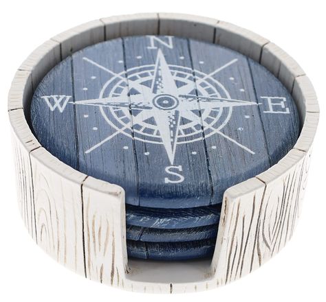 PRICES MAY VARY. COMPASS ROSE- holder and 4 piece coaster set. NON-SKID rubber feet on bottom of coasters and holder. BEAUTIFUL rustic blue / weathered finish DURABLE hard, poly-resin construction PERFECT with any decor Decorate your favorite table or bar with this beautiful and functional Compass Rose coaster set from Top Brass / Old River Outdoors. Includes holder and four coasters. Made from hard, durable poly-resin material with a beautiful weathered blue / whitewash finish . Coasters measur Nautical Kitchen Decor, Beach Coasters, Nautical Theme Decor, Coastal Farmhouse Decor, Beach House Living Room, Beach Boat, Boat Decor, Coastal Beach Decor, Rustic Blue