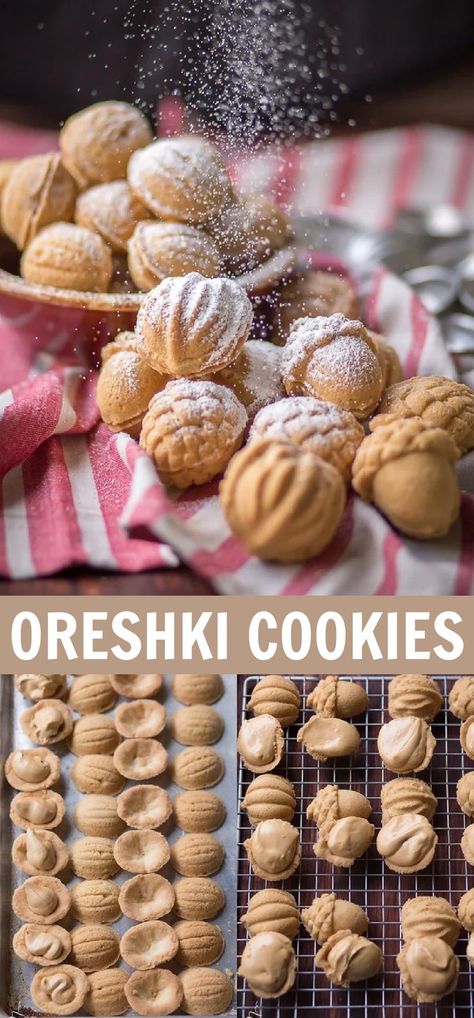 Russian Christmas Food, Walnut Shaped Cookies, Shaped Cookies Recipe, Russian Cookies, Walnut Cookie Recipes, Russian Desserts, Walnut Cookies, Shaped Cookies, Shortbread Cookie