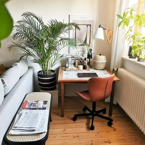 Small Apartment Two Desks, Study Space In Living Room, Office In Small Living Room, Small Workspace In Living Room, Living Room Layout With Desk, Small Living Room With Desk, Office Living Room Combo Layout, Living Room And Office Combo Layout, Living Room With Office