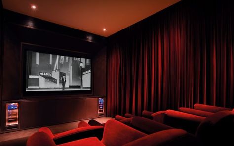 adding dark colored velvet curtains Home Theater Curtains, Red Velvet Curtains, Theater Room Decor, Movie Theater Rooms, Home Theater Furniture, Home Cinema Room, Theater Design, Best Home Theater, Sala Grande