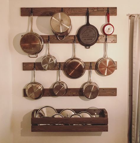 Hanging Pots And Pans On Wall, Space Savers Kitchen, Cookware Hanging, Pan Storage Diy, Pan Holder, Kitchen Space Savers, Pan Storage, Hanging Pans, Pantry Remodel