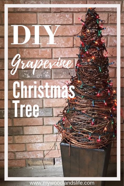 DIY Outdoor Grapevine Christmas Tree Grapevine Topiary Diy, Grape Vine Trees Christmas, Grapevine Craft Ideas, Grapevine Trees Diy How To Make, Grapevine Diy Ideas, How To Make A Grapevine Tree, Grapevine Crafts Projects, Grapevine Trees Front Porch, Diy Grapevine Tree