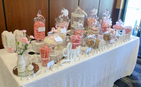 Vintage pink and white lolly bar styled by Candy Kisses Lolly Bar www.candykisseslollybar.com.au Lollie Bar Ideas, Lolly Table Wedding, Lolly Table, Lolly Bar Wedding, Wedding Lolly Table, Pink Lolly Buffet, Candy Buffet Wedding, Candy Cart, Bar Styling