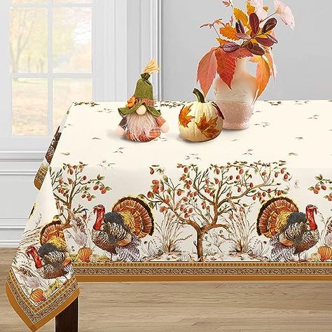 Fall Thanksgiving Double Border Decoration Tablecloth,Turkey & Pumpkin Harvest Tablecloths, Waterproof Spillproof Table Cover for Dinner Kitchen Party Holiday Decorations, 60”x 84” Oblong/Rectangle Picnic Party Decorations, Turkey Table, Pumpkin Table Decorations, Thanksgiving Tablecloth, Fall Tablecloth, Picnic Dinner, Cloth Table Covers, Turkey Pumpkin, Table Cloth Decorations