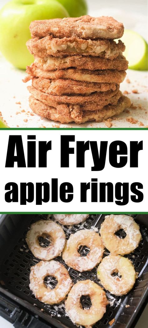 Air fryer apples are a delicious fresh fruit dessert or snack. Cinnamon and sugar dusted rings or slices that turn out tender and delicious. #airfryerapples #ninjafoodiapples #bakedapples #applerings Air Fryer Apple Cinnamon Slices, Apple Slices Air Fryer, Air Fry Apple Rings, Fried Apple Rings Air Fryer, Air Fried Cinnamon Apple Rings, Air Fryer Apple Donut Recipes, Apple Ring Donuts Recipe Air Fryer, Air Fried Apple Rings, Apple Crisps In Air Fryer