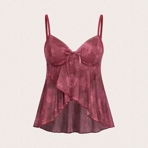 ROMWE/SHEIN Women's Irregular Hem Rose Pattern Cami Top in colour rose brown (super cute for the summer) Fame Clothes, Shameless Dr, Y2k Cami Top, Y2k Cami, Devon Aoki, Cami Shirt, Flowy Shirt, Y2k Summer, Spring Fits