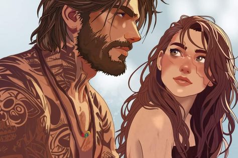 Romance Illustration Couple, Animation Romance, Character Art Couple, Two People Reading Together Reference, Couple Oc Drawing, Face To Face Couple, Brunette Character Design, Rosaline Dario, Running Hand Through Hair Reference