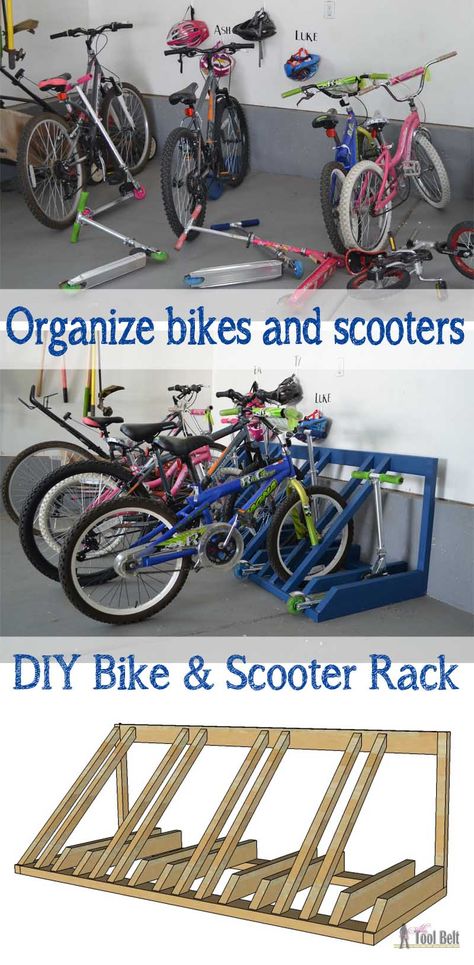 Scooter Rack, Kids Bike Storage, Rack Velo, Diy Bike Rack, Bike Diy, Scooter Storage, Garage Solutions, Bike Storage Garage, Diy Rack