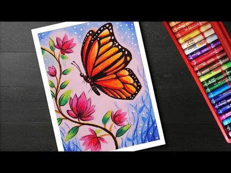 How to draw Easy Butterfly and Flower Scenery drawing and painting - YouTube Flower Scenery, Easy Butterfly, Scenery Drawing, Draw Easy, Flower Drawing Tutorials, Music Drawings, Pastel Sec, Oil Pastel Paintings, Easy Art Projects