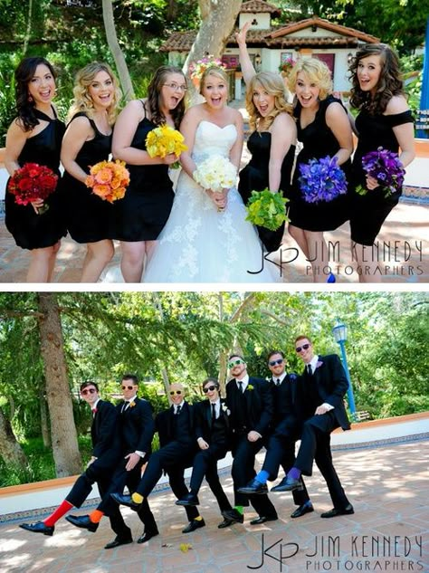 Black With Bright Colors Wedding, Black Bridesmaid Dresses With Colorful Shoes, Black And Rainbow Wedding Dress, Rainbow Wedding Bridesmaids, Rainbow Wedding Color Palette, Black And Rainbow Wedding, Rainbow Theme Wedding, Rainbow Wedding Party, Lgbtq Wedding Two Brides