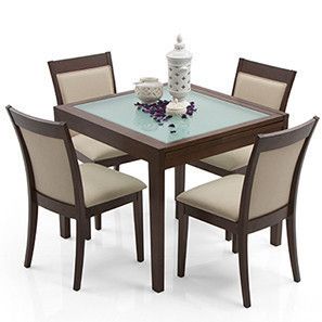 Abbot Expandable - Dalla 4 Seater Dining Table Set (Dark Walnut Finish, Latte) 4 Seater Dining Table For Small Space, Luxury Dining Table Design, Apartment Dining Room Decor, Dining Room Painting, Dining Table Design Ideas, Four Seater Dining Table, Metal Leg Dining Table, Cabinet Layout, Extendable Dining Table Set