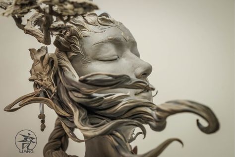 Dreamlike Landscapes Grow from Sculptural Portraits by Yuanxing Liang | Colossal Intricate Sculpture, Colossal Art, Bust Sculpture, Fantasy City, Portrait Sculpture, Figurative Sculpture, Sculpture Clay, Fantasy Landscape, Zbrush