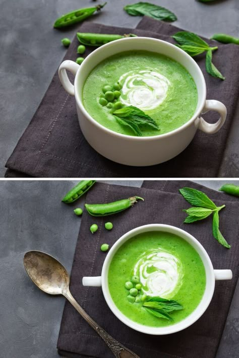 Jamie Oliver Pea And Mint Soup Pea Mint Soup, Pea Soup With Mint, Mint Pea Soup, Pea Cream Soup, Pea Soup With Potatoes, Olive Soup, Green Pea Soup Recipe, Vegetarian Pea Soup, Pea And Mint Soup