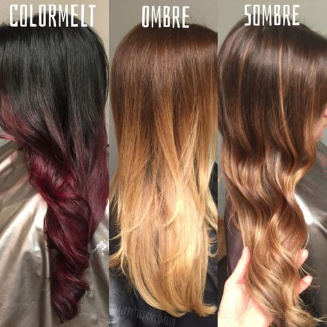 The difference between colormelt, ombre, and sombre Ombre Vs Sombre, Color Melt Hair, Sombre Hair Color, Beliage Hair, Ombre Bayalage, Ash Blonde Hair Dye, Color Melting Hair, Balayage Hair Tutorial, Baylage Hair