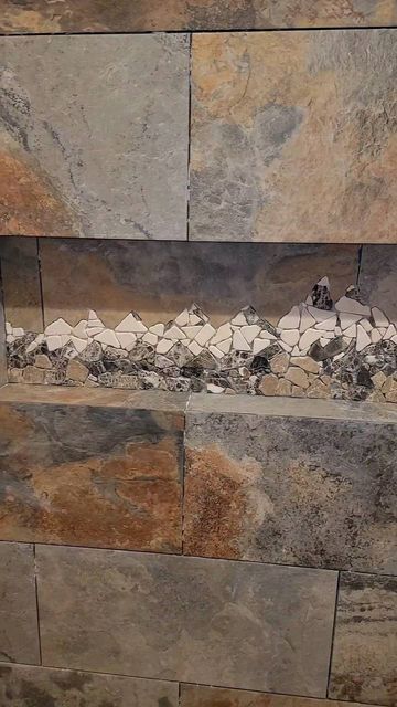 Mountain Tile Mosaic, Mountain Shower Tile, Mountain Bathroom Ideas Decor, Mountain Backsplash, Bathroom Mosaic Tile Ideas, Mosaic Mountains, River Rock Bathroom, Mountain Mosaic, Tiles In Kitchen