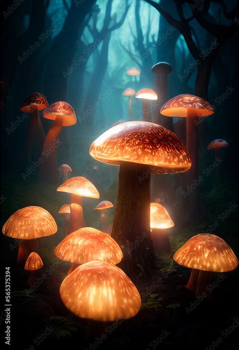 Magic mushroom glowing in the forest - Adobe Stock Image, fantasy, designs, wanderland, scenery, best selling, trending, magical forest, tree, nature, landscape, avatar forest, dark, magic mashroom Dark Magical Forest, Avatar Forest, Fantasy Mushroom Forest, Mushroom Glowing, Magical Forest Aesthetic, Scary Ocean, Uv Party, Mushroom Chocolate, Forest Bedroom