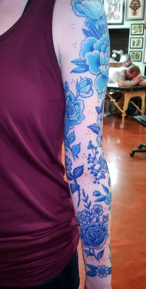 All Blue Tattoo Sleeve, Blue Traditional Tattoo, Cobalt Blue Tattoo, Porcelain Tattoo Sleeve, Blue Tattoo Sleeve, Blue And Pink Tattoo, Blue Line Work Tattoo, China Blue Tattoo, Blue Sleeve Tattoo